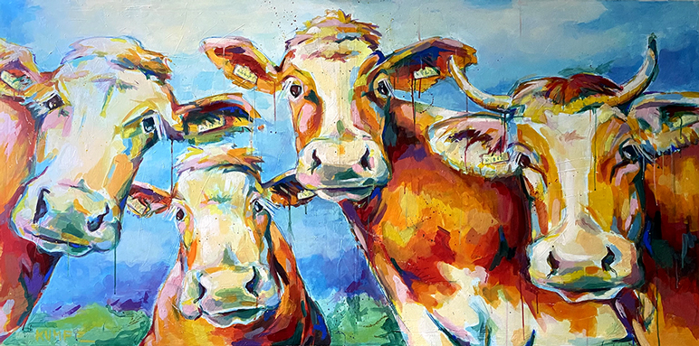Vier Kühe  Acryl auf Leinwand 200 x 100 cm