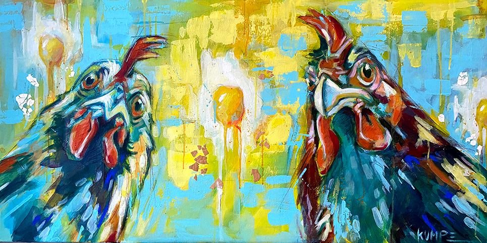 zwei Hühner und Eier  Acryl auf Leinwand 100 x 50 cm
