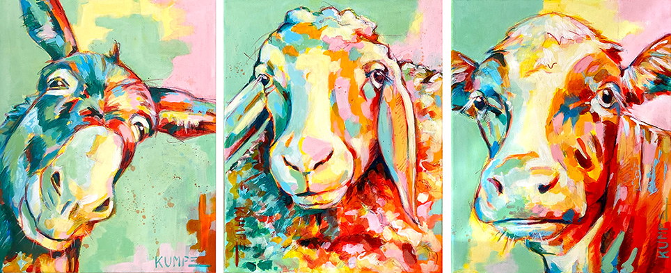 Esel-Schaf-Kuh Acryl-Ensemble auf Leinwand je 40x50 cm